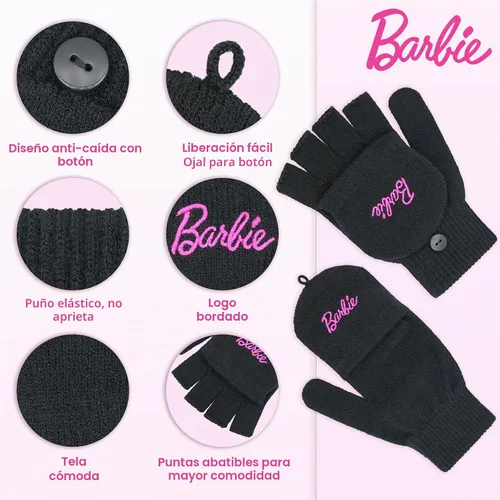 Vista 3 de Gorro de invierno Barbie para mujer – Gorros de invierno con guantes para mujer, gorros cálidos, gorro de punto rosa Sombrero y guantes negros