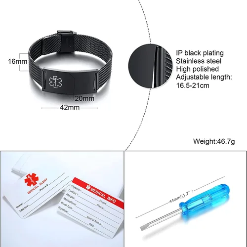 Vista 5 de VNOX Medical Alert Bracelets for Men & Women Kids with Free Engraving Adjustable Stainless Steel Mesh Emergency Medical ID Bracelets Wristband