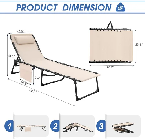 Vista 3 de Flamaker Silla de Tumbona Plegable Ajustable en 5 Posiciones, Silla para Tomar el Sol con Bolsillo Lateral, Silla de Bronceado al Aire Libre