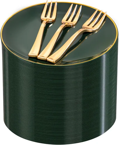 Vista 10 de Festiva 200 Piezas Platos de Postre Negro y Dorado de 6.3" con Tenedores de Plástico de 5"- Platos Desechables Pequeños- Platos de Plástico