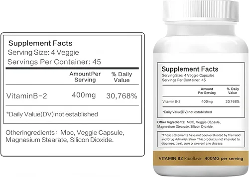 Vista 2 de LIIFE Vitamina B2-400 mg, riboflavina de alta potencia, apoya el alivio de la migraña, metabolismo energético, salud bucal y de piel, 180 cápsulas