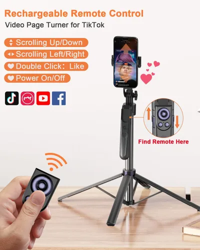 Vista 3 de Yeaki Trípode Automático de Seguimiento Facial de 71” para iPhone con Luz, Soporte de Teléfono Rotativo de 360° con Control Remoto Recargable