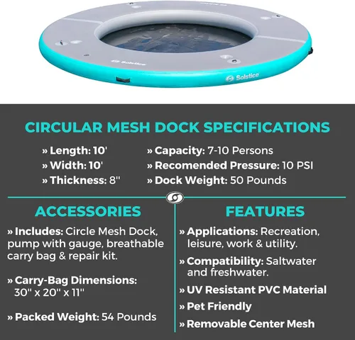 Vista 6 de SOLSTICE Circular Mesh Hangout Ring Inflatable Dock, Floating Water Raft Platform