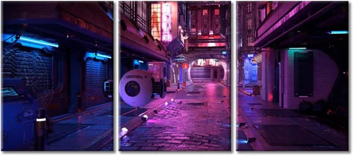 Vista 8 de Arte de pared de 3 piezas de escena de ciencia ficción de la calle comercial futurista paisaje urbano, decoración de pared para dormitorio