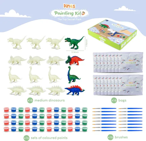 Vista 7 de BONNYCO Recuerdos de fiesta de dinosaurios para niños, kit de pintura para niños, paquete de 16, bolsas de regalo de dinosaurio para niños de 3 a 5