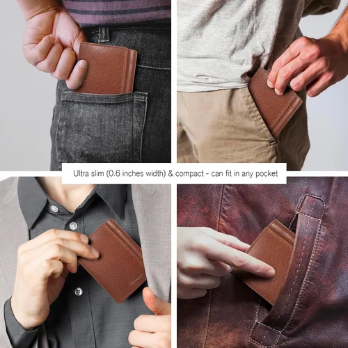 Vista 6 de ESTALON Billeteras delgadas RFID para hombre - Cartera de cuero genuino con bolsillo frontal triple, Beige Bronceado, Billetera triple