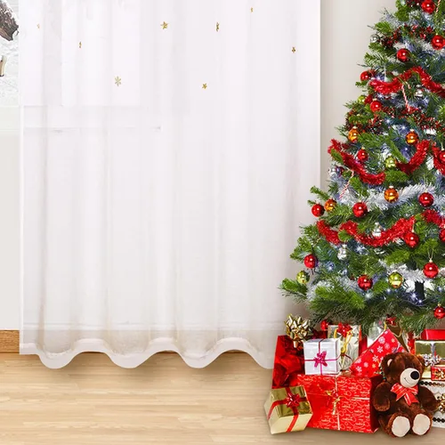 Vista 7 de FRAMICS Cortinas traslúcidas de Navidad para ventana, patrón de copos de nieve de estrellas, 2 paneles de gasa semitransparente, bolsillo para barra