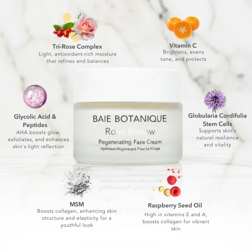 Vista 5 de Baie Botanique Crema facial orgánica e hidratante facial natural – Crema antienvejecimiento para mujeres y hombres con agua de rosas, rosa mosqueta