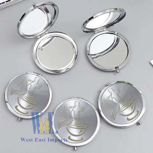 Vista 7 de WE 12 piezas de bautismo compacto espejo recuerdo de primera comunión/bautizo recuerdos/maquillaje de espíritu santo compacto con bolsa decorada