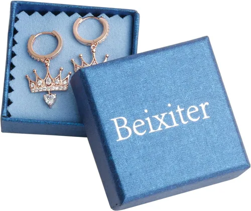 Vista 12 de 925 Sterling Silver Cubic Zirconia Princess Crown Dangle Huggie Hoop Earrings