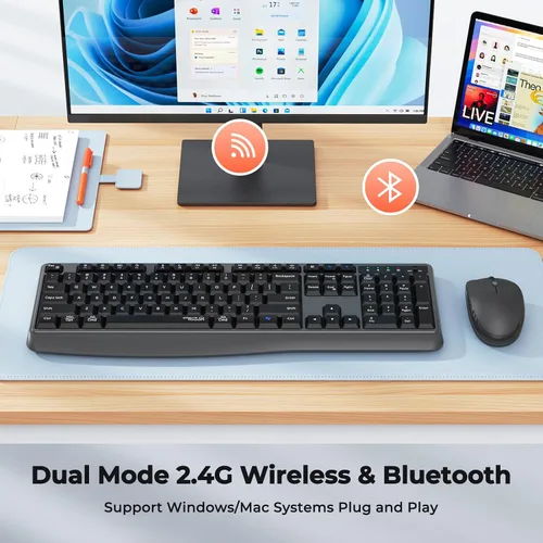 Vista 2 de Combo de teclado y mouse inalámbricos, 2.4 G/Bluetooth silencioso de tamaño completo, mouse inalámbrico de tamaño completo, mouse óptico de 3800