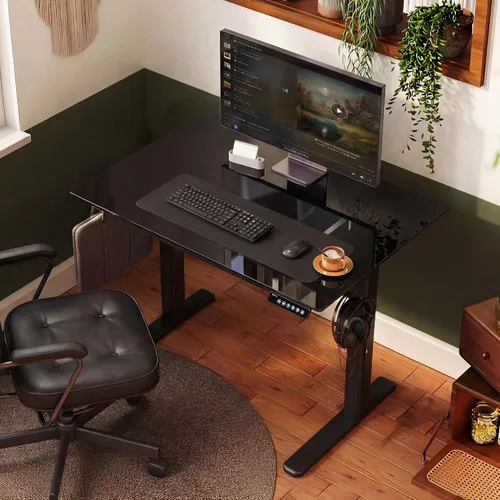 Vista 2 de INNOVAR Escritorio de pie de cristal con cajones, escritorio de pie ajustable de 32 x 19 pulgadas, escritorio de computadora de oficina en casa