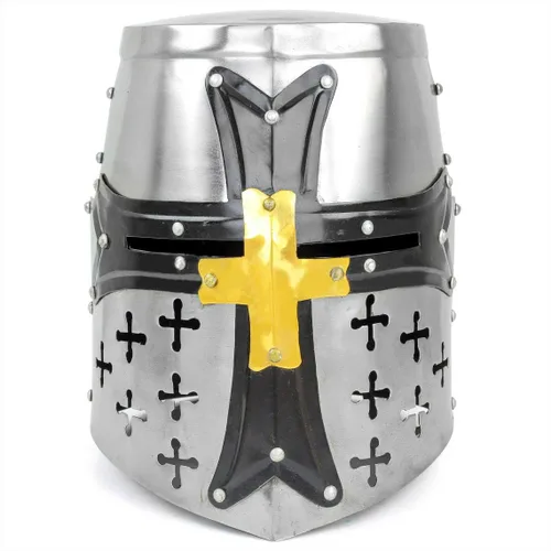 Vista 2 de AnNafi Casco medieval de armadura de caballero de los templarios cruzados con cruz Accesorios de armadura espartana griega romana Yelmo de oro