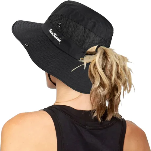 Vista 46 de Sombrero de pesca de playa de ala ancha para mujer, con protección UV, plegable, con agujero para cola de caballo