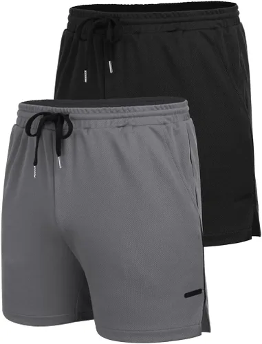 Vista 4 de COOFANDY Paquete de 2 pantalones cortos de entrenamiento para hombre, de secado rápido, pantalones cortos deportivos ligeros de 5 pulgadas