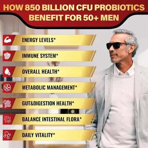 Vista 3 de Probióticos para hombres, potente probiótico para hombres de más de 50 años, salud intestinal y digestiva completa, con 850 mil millones de UFC