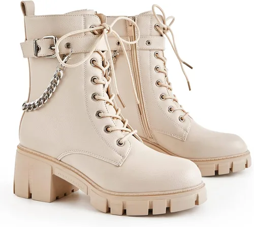 Vista 5 de TINSTREE Botas de combate de tacón bajo con hebilla de moda para mujer, botas de combate con cremallera lateral, botas antideslizantes para montar