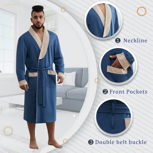 Vista 3 de MHJHBBE Bata de punto para hombre, de algodón, ligera, suave, de manga larga, con cuello chal