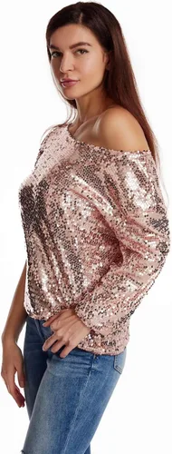 Vista 4 de Camiseta sin mangas con lentejuelas brillantes y hombros descubiertos para mujeres, Blusa, Camiseta para cóctel, informal, con lentejuelas