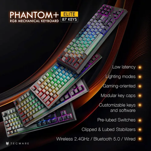 Vista 2 de TECWARE Phantom+ Elite - Teclado mecánico para juegos RGB de 87 teclas 3 modos inalámbrico Bluetooth 5.0 2.4 GHz y USB C con cable 5 pines