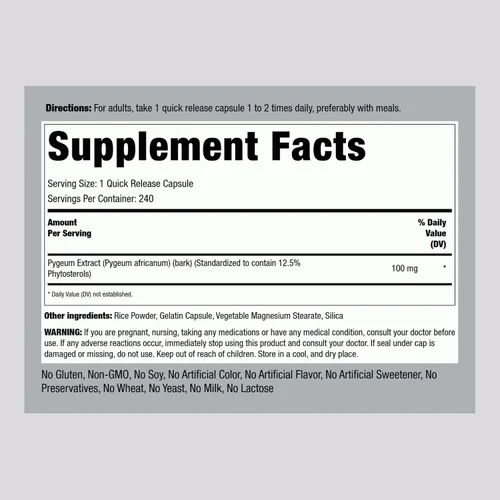 Vista 2 de Piping Rock Pygeum 100 mg 240 cápsulas Suplemento para hombres y mujeres Extracto de corteza de Pygeum Africanum Fitoesteroles ultra
