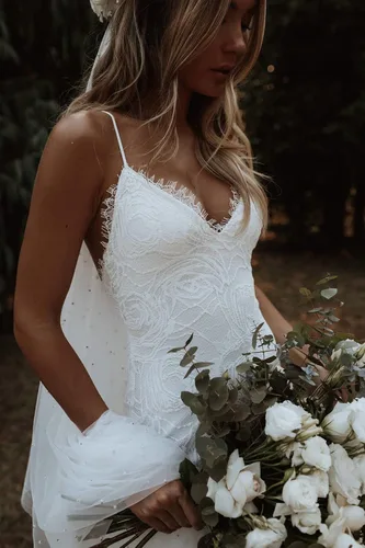 Vista 3 de Clothfun - Vestidos de novia de encaje con mangas para mujer, vestidos de novia largos para la playa