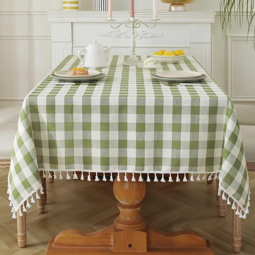 Vista 7 de Laolitou Mantel redondo a cuadros verde, de lino y algodón, con borla, a cuadros de búfalo, lavable, mantel de gingham para sala de estar
