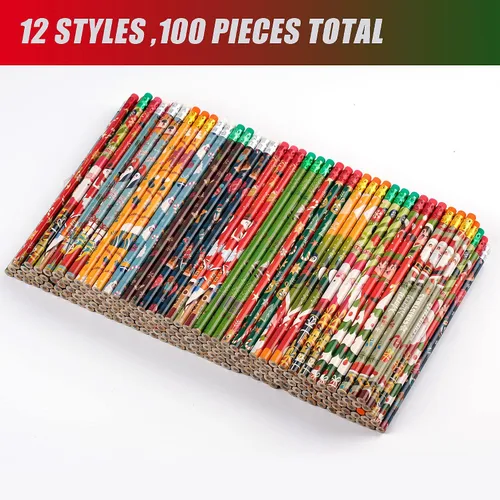 Vista 2 de Kolewo4ever 100 Piezas Lápices de Navidad Lápices de Madera Navideños con Gomas de Borrar en las Puntas Muñeco de Nieve, Papá Noel y Alce Surtido