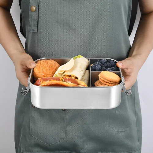 Vista 7 de UPTRUST Fiambrera Bento de acero inoxidable, 3 compartimentos, caja Bento de metal grande de 47.3 fl oz para niños o adultos, contenedor con clips