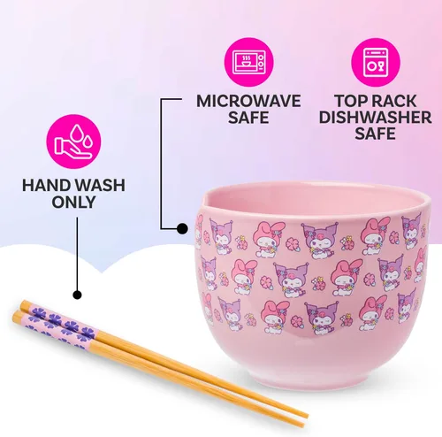 Vista 117 de Silver Buffalo Hello Kitty y sus amigos Chococat - Tazón de cerámica para ramen y arroz con palillos, patrón a cuadros, apto para microondas, 20
