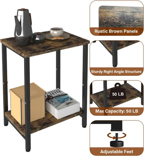 Vista 4 de Mesa auxiliar de 2 niveles, mesa auxiliar resistente con estantes, mesa de noche estrecha para espacios pequeños, mesa de tocadiscos para Negro