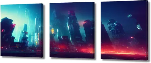 Vista 25 de Cuadros de 3 paneles de Cyberpunk City - Arte de pared de vallas publicitarias de edificios modernos en la capital con obras de arte modernas