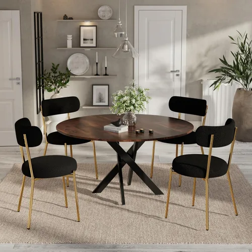Vista 42 de Moderno juego de mesa de comedor redonda de 3 piezas, mesa de MDF circular negra y 2 sillas de comedor negras Boucle, muebles de cocina con marco