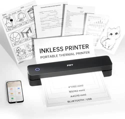 Vista 7 de PRT Impresora portátil inalámbrica para viajes, impresora térmica sin tinta para uso doméstico, viene con funda de transporte y 200 hojas de papel