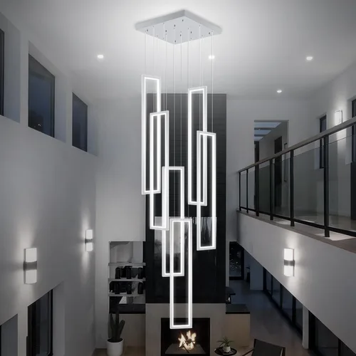 Vista 12 de Flashing God Candelabro moderno, candelabros cromados con 6 anillos LED, lámpara de techo alto más grande para sala de estar, lámpara rectangular