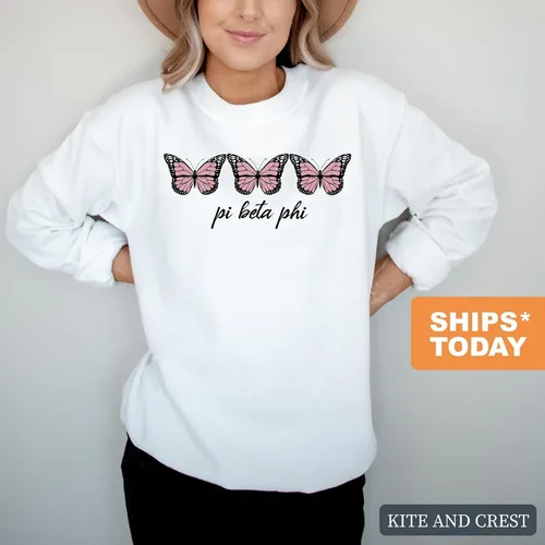 Vista 2 de Pi Beta Phi Sudadera - Pi Phi Tres Mariposas Cuello Redondo Sudadera- Sorority Big Little Gift Idea