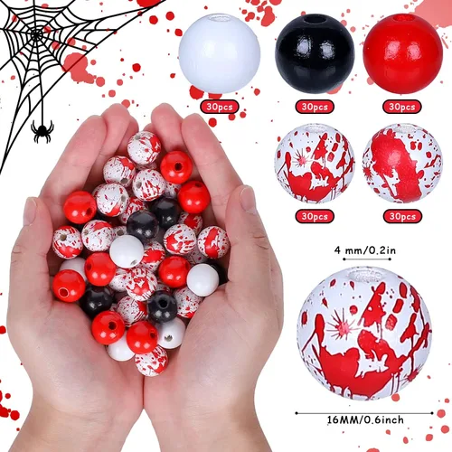 Vista 2 de Whaline Juego de 150 cuentas de madera de Halloween, cuentas focales de madera rojas, negras y blancas, cuentas de madera con salpicaduras