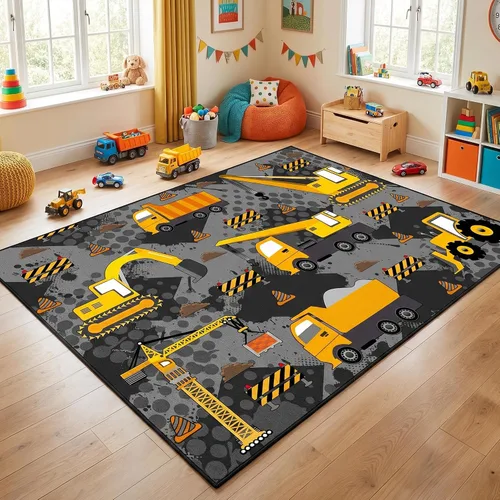 Vista 16 de Alfombra de construcción – Alfombras de construcción para habitación de niños, divertido diseño de camión de dibujos animados, alfombra de coche