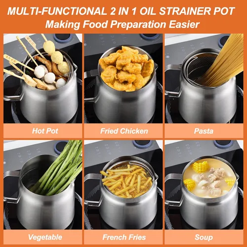 Vista 3 de Freidora de acero inoxidable 304 de 68 onzas con cesta y colador de aceite, 2L Enjoy Crispy Deep Frying, Small Stovetop fry for Kitchen & Camping