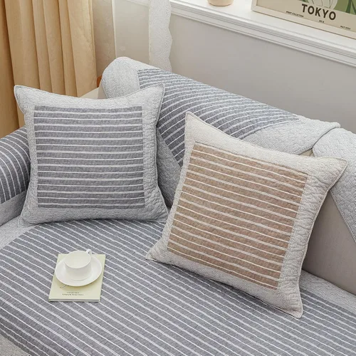 Vista 2 de Paquete de 2 fundas de almohada acolchadas de algodón, estilo bohemio a rayas grises, fundas de almohada suaves para sofá, cama, sala de estar