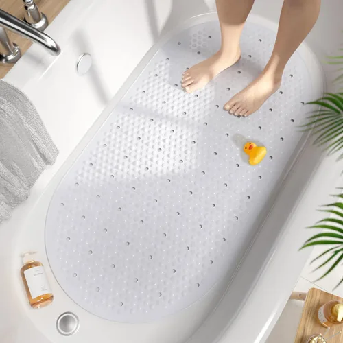 Vista 11 de HITSLAM Tapete antideslizante para bañera, 27 x 15 pulgadas, con ventosas y orificios de drenaje, lavable a máquina, ovalado, para niños, personas