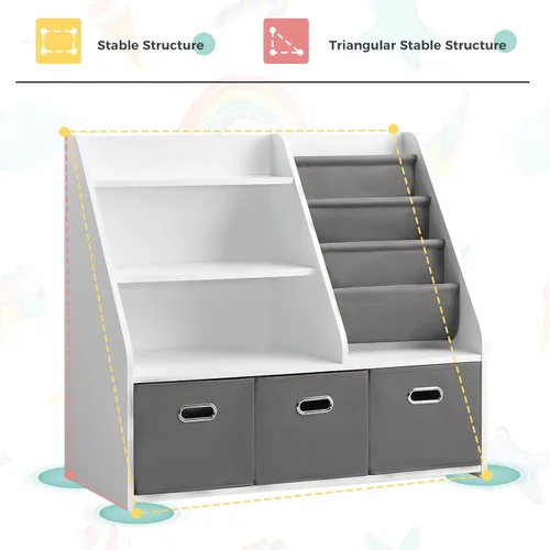 Vista 5 de Marcytop Montessori - Estantería y organizador de almacenamiento de juguetes, estantería de madera 3 en 1 con 3 contenedores de tela para juguetes