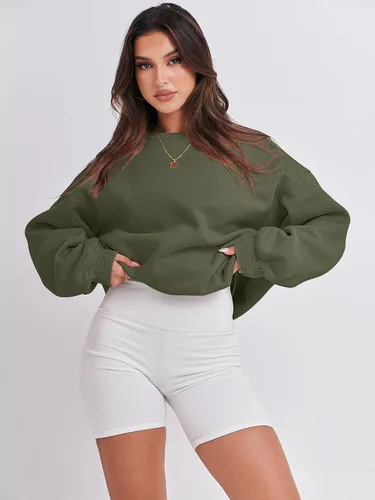 Vista 3 de ANRABESS Sudadera de manga larga para mujer, casual, cuello redondo, ajuste holgado, sudadera con capucha de forro polar para otoño