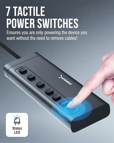 Vista 7 de SABRENT Hub USB-C de 7 puertos con interruptores de alimentación, USB 3.2 de 5 Gbps, concentrador alimentado de 48 W con 3 puertos USB-A + 4 puertos