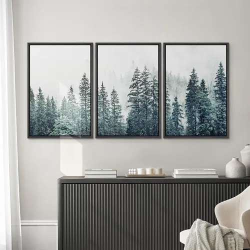 Vista 3 de SIGNWIN - 3 cuadros en lienzo enmarcados, modernos, elegantes, de textura de grano, pinos de montaña con niebla y naturaleza silvestre para sala