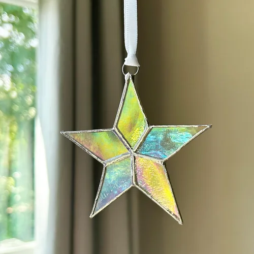 Vista 6 de Regalo de duelo por pérdida infantil para mamá - Estrella de vidrio emplomado iridiscente hecha a mano con sentimiento de estrella durmiente
