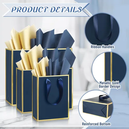 Vista 3 de Yeaqee 12 bolsas de regalo de papel metálico con asa, tamaño surtido, incluye 8, 10, 13 pulgadas, bolsa de regalo de agradecimiento de 5 sentidos