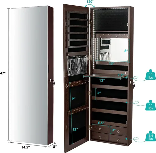 Vista 5 de CHARMAID Armario de joyería con tira LED con espejo de longitud completa de 47.2 pulgadas de alto, organizador de joyas montado en la paredpuerta
