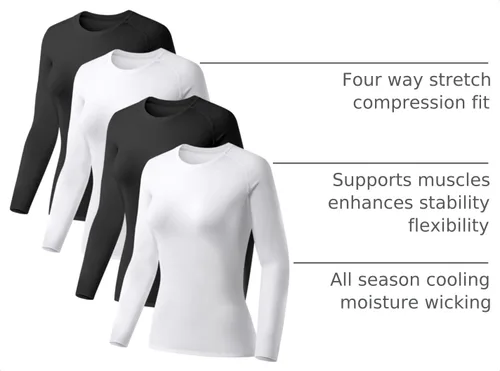 Vista 4 de Paquete de 4 camisetas de compresión para mujer, de manga larga, para Manga larga-2 negro+2 blanco