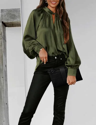 Vista 5 de LYHNMW Blusas de seda satinada para mujer, con cuello en V, manga larga, holgadas, blusas de verano, blusas casuales